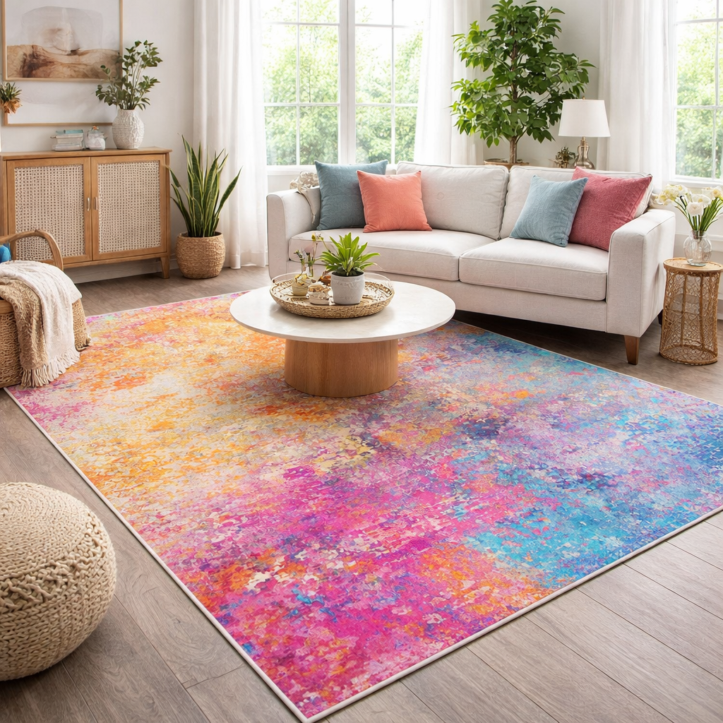 Multicolour Abstract Area Rug | Washable Orange Pink Teal Rug — Vivian