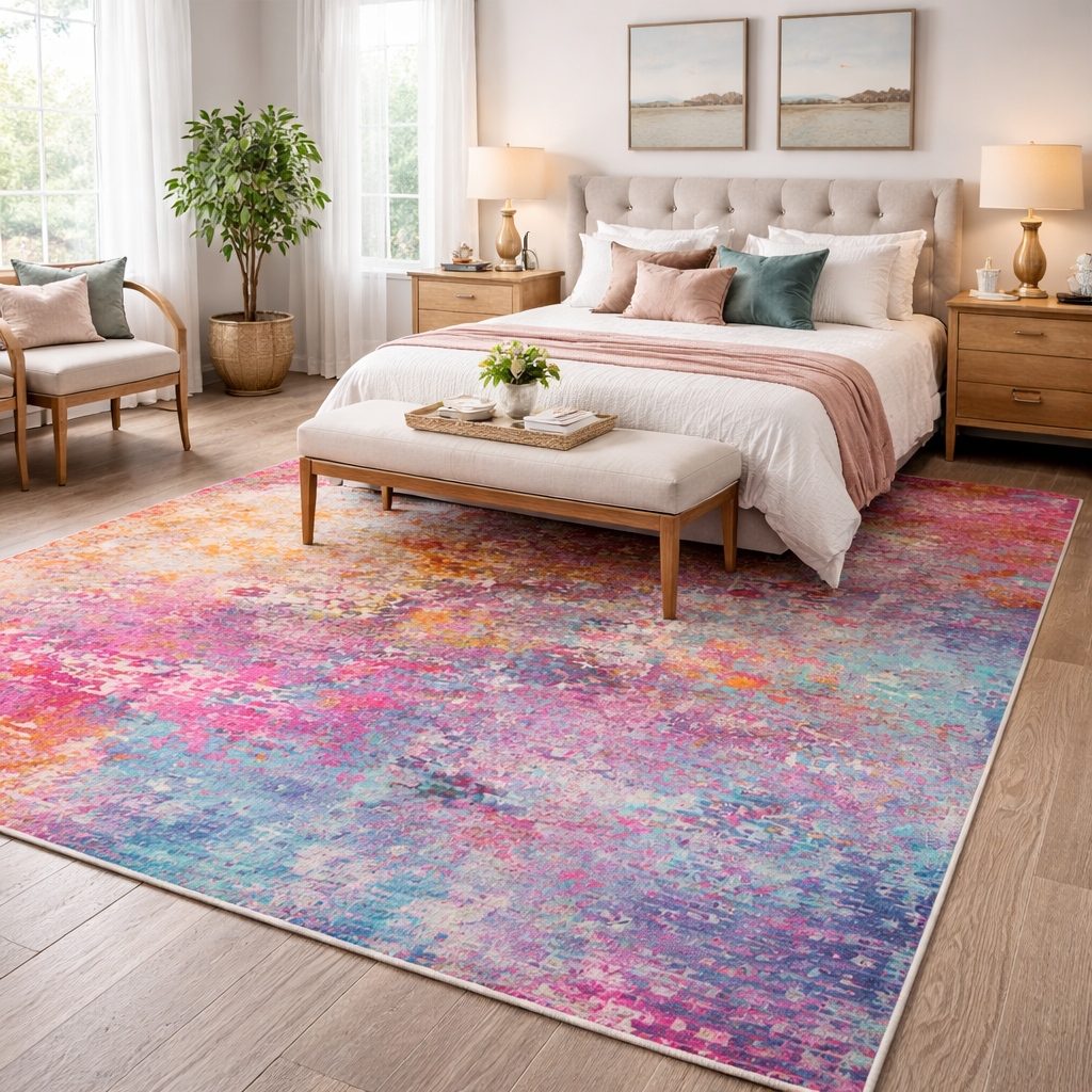 Multicolour Abstract Area Rug | Washable Orange Pink Teal Rug — Vivian