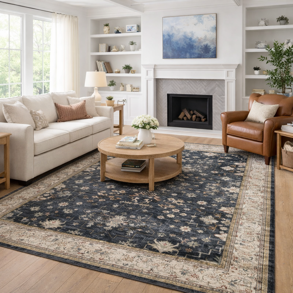 Grey Vintage Medallion Washable Area Rug | Distressed Rug — Ashford