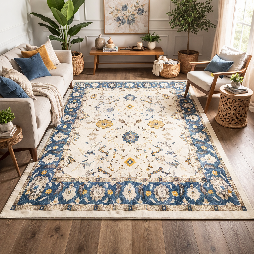 Ivory Blue Floral Rug