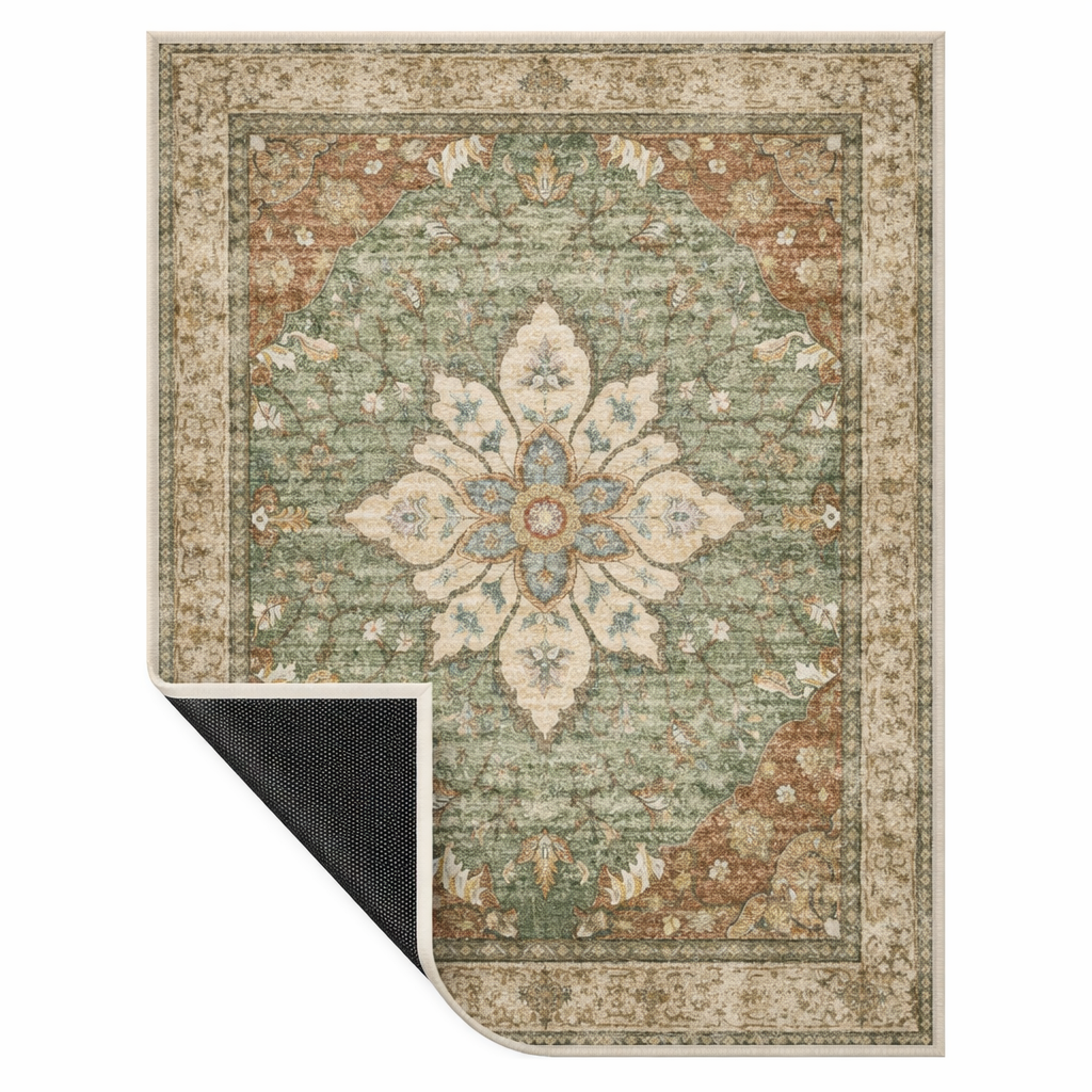 Sage Green Persian Medallion Rug | Vintage Washable Area Rug