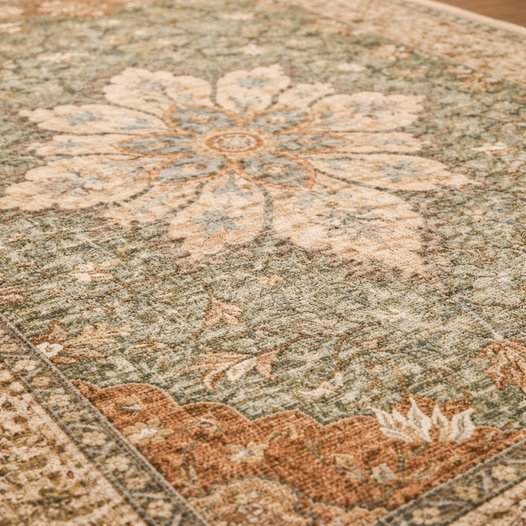 Sage Green Persian Medallion Rug | Vintage Washable Area Rug