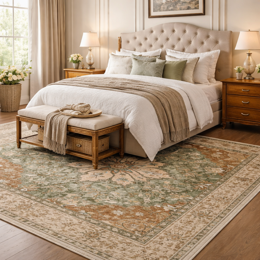 Sage Green Persian Medallion Rug | Vintage Washable Area Rug