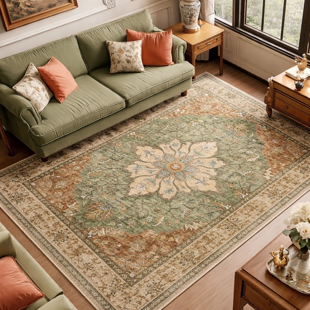 Sage Green Persian Medallion Rug | Vintage Washable Area Rug